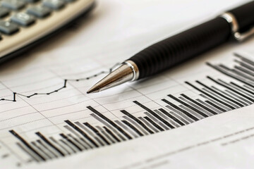 Fototapeta premium A pen and calculator on a newspaper with business and financial documents nearby