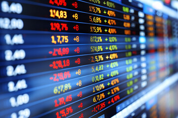 Fototapeta premium Stock market display screen showing financial data and quotes