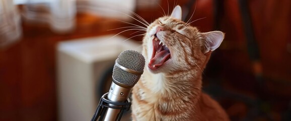 Funny emotional cute cat singing in microphone