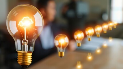 bright ideas, innovation, light bulbs, creative thinking, business growth, concept, future, success, growth, vision, office, businessman, desk, inspiration, brainstorming.
