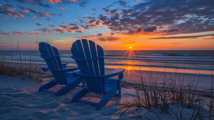Two blue Adirondack chairs on a beach at sunset.