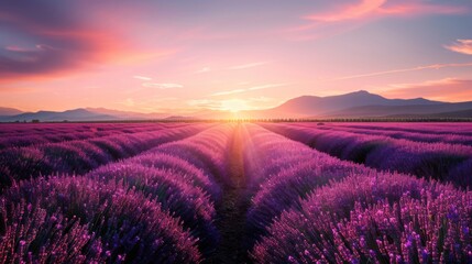 Fototapeta premium Landscape with violet lavender flower field at sunset. The enchanting beauty of Lavender Fields