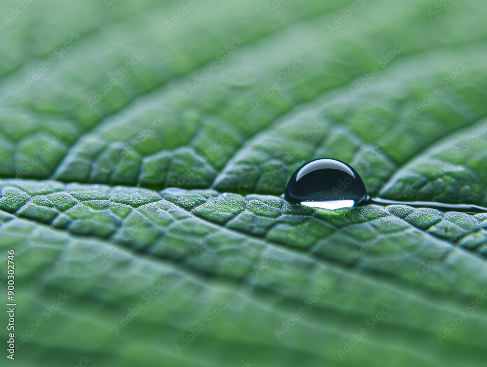 Wall mural macro graphy of a single dewdrop on a lush green leaf surface with natural light and shallow depth o