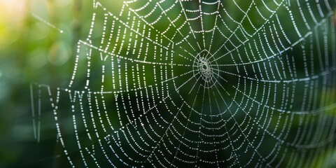 delicate spider web with morning dew drops in a lush green forest - nature graphy.