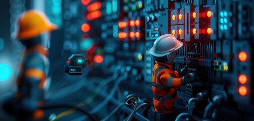 Fototapeta premium A worker in a helmet operates machinery in a vibrant, high-tech control room filled with glowing buttons and wires.