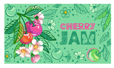 Vector hand drawn illustration of branch with red cherries, flower and leaves. Illustrations of bright ripe fruits for package design