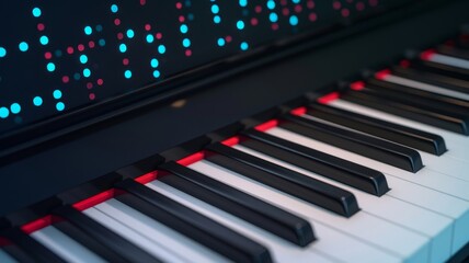 close-up of piano keys with colorful led lights and black piano finish - musical instrument technology concept