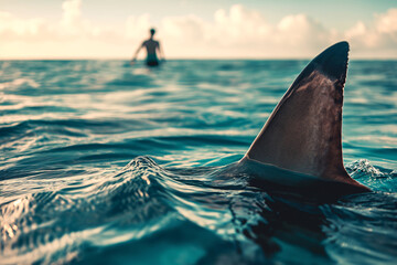 Fototapeta premium Shark fins appear above the surface of the sea along with men or people playing in the water. Sharks swim and hunt for prey in the sea on shallow beaches. Danger from fierce sharks.