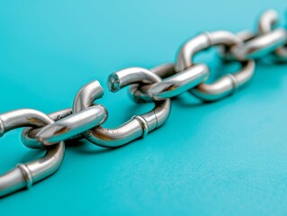 Fototapeta premium broken metal chain link on blue background - symbol of weakness, vulnerability, and disconnection.