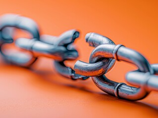 broken metal chain link on orange background - symbol of weakness, vulnerability, and disconnection