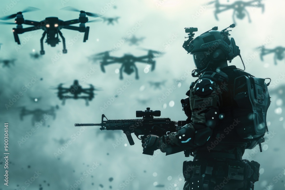 Poster a person holding a gun in front of a group of flying drones, perfect for action or futuristic themed