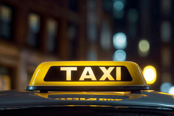 Close Up sign that reads "TAXI" on top taxi cab at night in city