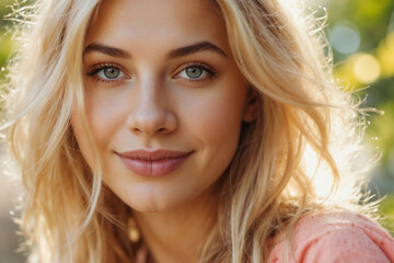 Fototapeta premium A blonde woman with blue eyes and a pink shirt. She has a smile on her face. Concept of happiness and positivity
