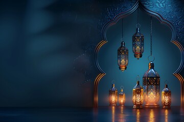 Obraz premium ramadan kareem lanterns, fanous, Islamic festival background of lanterns and stars, Spiritual lighting and decoration of Muslim. 3d illustration.