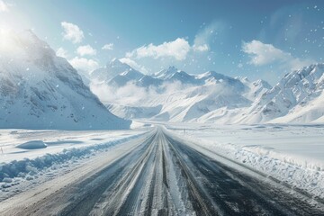 Mountainous landscape with snowy road and distant peaks