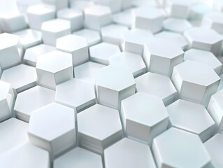 3d render, abstract white background with hexagon pattern for technology concept. Abstract futuristic wallpaper with 2D and 45 degree angle illustration of geometric shapes on light grey surface. Back