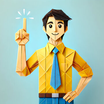 Origami Businessman Pointing Upwards in Yellow Shirt and Blue Tie with Smiling Expression
