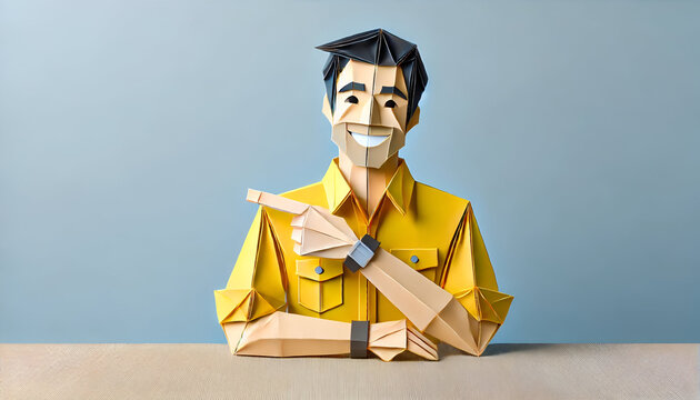 Origami Businessman Pointing Upwards in Yellow Shirt and Blue Tie with Smiling Expression