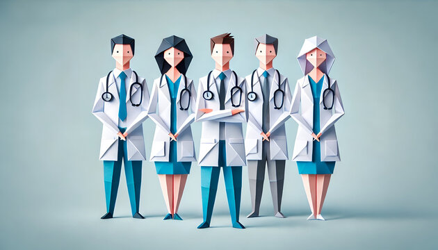 Origami Doctors Team: Professional Medical Staff in White Coats with Stethoscopes in a Healthcare Environment