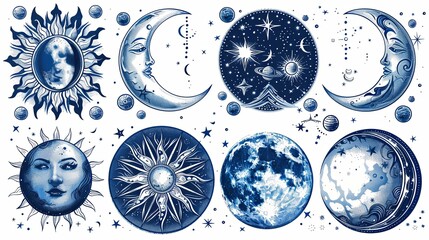 vector, illustration, Vintage stylish freaky cool funny doodle stellar characters. Hand-drawn set of crescent moon, sun, comets, sacred heart. Antique poster abstraction collection art