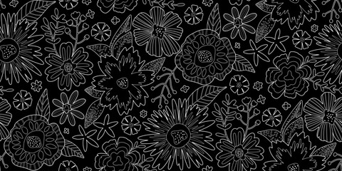 Floral Seamless Pattern of Flowers and Leaves in Line Art style, White Outline on Black Background. Wallpaper Design for Textiles, Papers, Prints, Beauty Products.