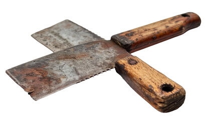 Artisan-Used Vintage Meat Cleaver With Worn Wooden Handle Surrounded by Rustic Kitchen Setting