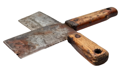 Artisan-Used Vintage Meat Cleaver With Worn Wooden Handle Surrounded by Rustic Kitchen Setting