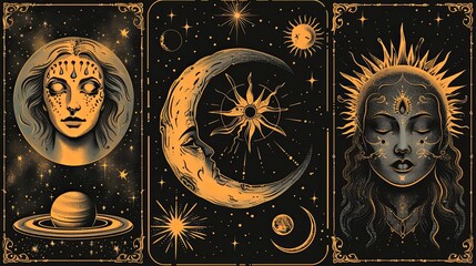 vector, illustration, Vintage stylish freaky cool funny doodle stellar characters. Hand-drawn set of crescent moon, sun, comets, sacred heart. Antique poster abstraction collection art