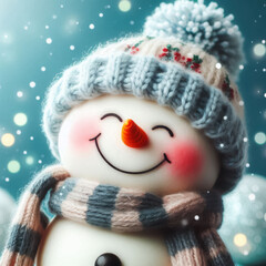 Closeup of cute funny laughing snowman with wool hat and scarf