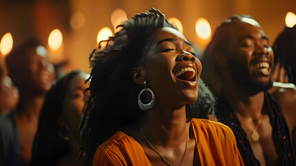 Fototapeta premium A group of Christian gospel singers praising the Lord Jesus Christ. Sing songs in the Church. Generative Ai