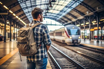 A young man, who is waiting for the train at the station