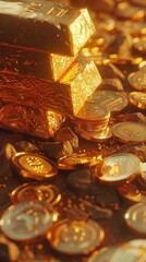 Мерцающие золотые слитки и разбросанные монеты, золотые кирпичи, сокровище, концепция богатства