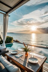 Obraz premium A beautiful view at dawn from the sea terrace