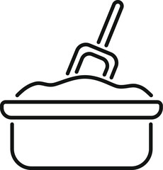 Construction worker is mixing concrete in a bucket using a trowel, simple design, thick line