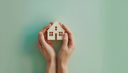 Hands of spouses holding figure of house on green background