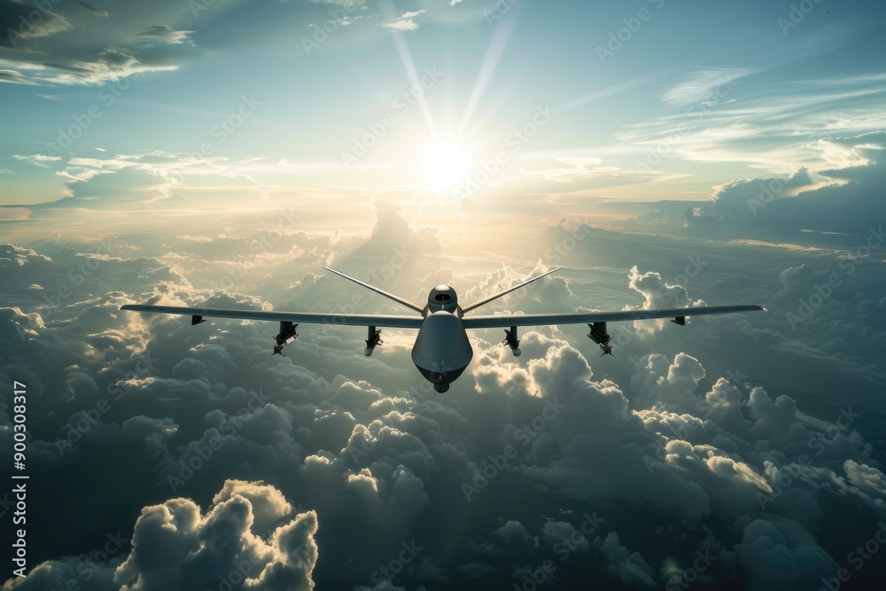 Poster a plane soaring through the sky with the warm glow of sunset in the background