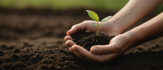 Fototapeta premium A hand cradles a delicate green sprout emerging from rich soil, symbolizing growth, renewal, and the importance of nurturing life.