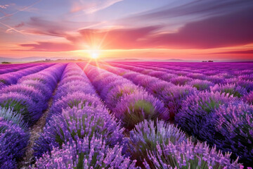 Obraz premium A breathtaking view of a lavender field illuminated by a golden sunset