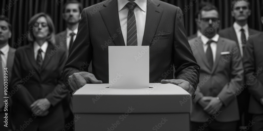 Poster a businessman holding a document in a meeting or presentation setting