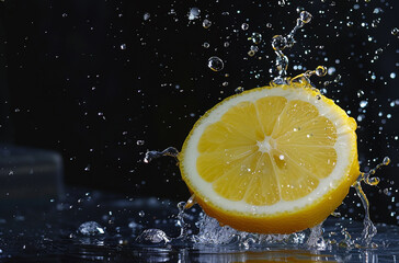 lemon falling into water on a black background