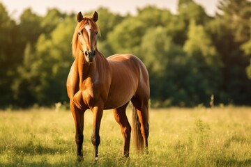 Fototapeta premium Brown horse standing in a grassy field with trees behind. Concept of nature, freedom, strength