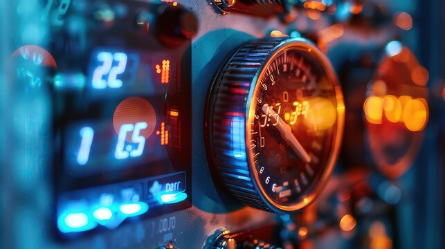 Close-up of digital gauge with illuminated dials and buttons in a modern control panel showcasing technology and mechanics. - Powered by Adobe
