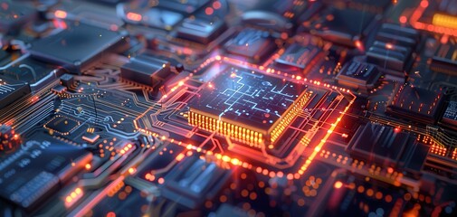 Obraz premium Close-up view of a futuristic circuit board with glowing elements and intricate details showcasing technology and innovation.