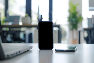 Sleek office environment with a smartphone showing a screen filled with social media icons and analytics data, emphasizing the role of mobile devices in tracking and analyzing social media metrics