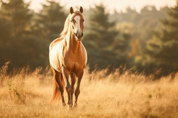 Light brown horse walking in a golden field. It looks strong and peaceful. Concept of nature, freedom, animal beauty