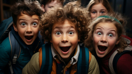 Class selfie in an elementary school. Kids taking a picture together in a co-ed school, photography.
