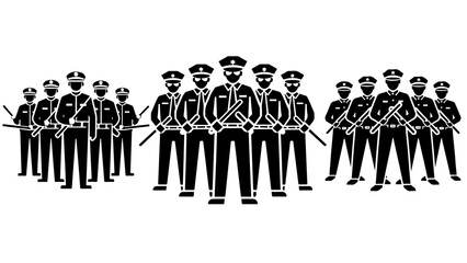 Obraz premium Silhouettes of a group of police officers with batons, ready to crush resistance. Vector set of monochrome icons, story about power structures