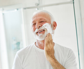 man bathroom shaving senior beard care morning hygiene razor beauty shave skin face hair old mirror...
