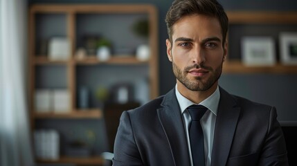 Fototapeta premium Confident businessman in a suit, standing in a modern office, radiating professionalism and ambition.
