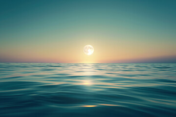 full moon setting over calm ocean water. 